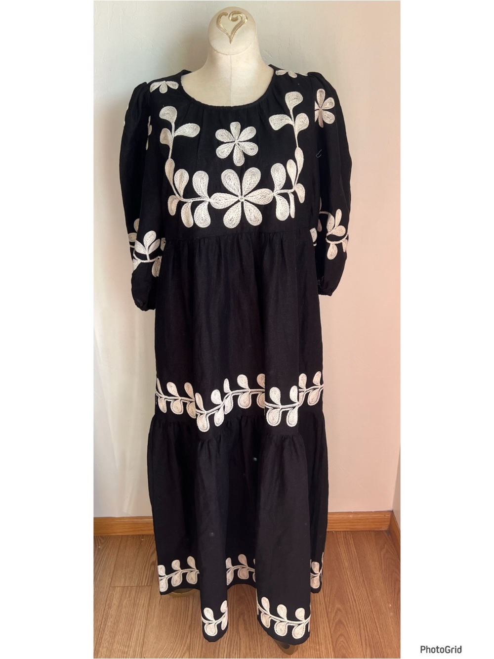 Caroline Constas Black Embroidered Puff Sleeve Maxi Dress Size 8 - Picture 2 of 3
